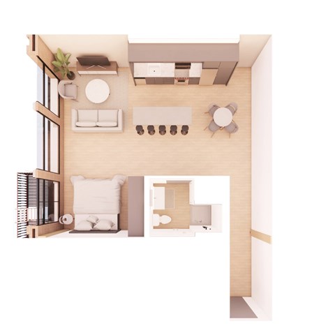 A top-down view of a modern bedroom with a bed, couch, and a small table.